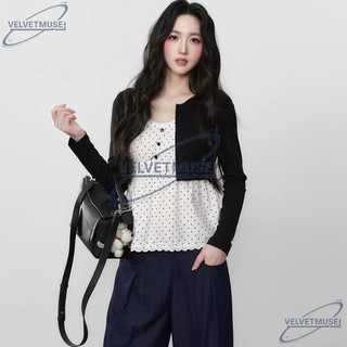 VM-Áo sơ mi phiên bản Hàn Quốc, cổ chữ V, slim-fit, màu trắng chấm bi dài tay phù hợp mùa thu kiểu hai mảnh