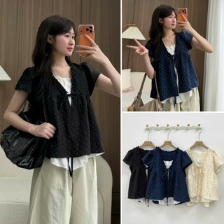 Áo kiểu nữ dáng babydoll 2 lớp họa tiết hoa nhí thắt nơ dễ thương dễ phối