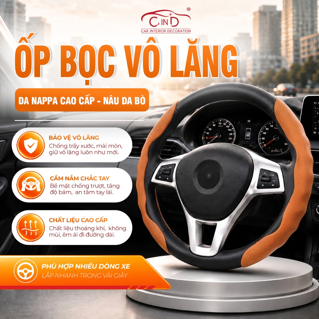 Miếng Ốp Bọc Vô Lăng Ô Tô CIND Da Nappa Cao Cấp Mỏng Nhẹ Chống Trượt Đa Dạng Màu Sắc Phù Hợp Nhiều Dòng Xe Ô Tô Xe Hơi