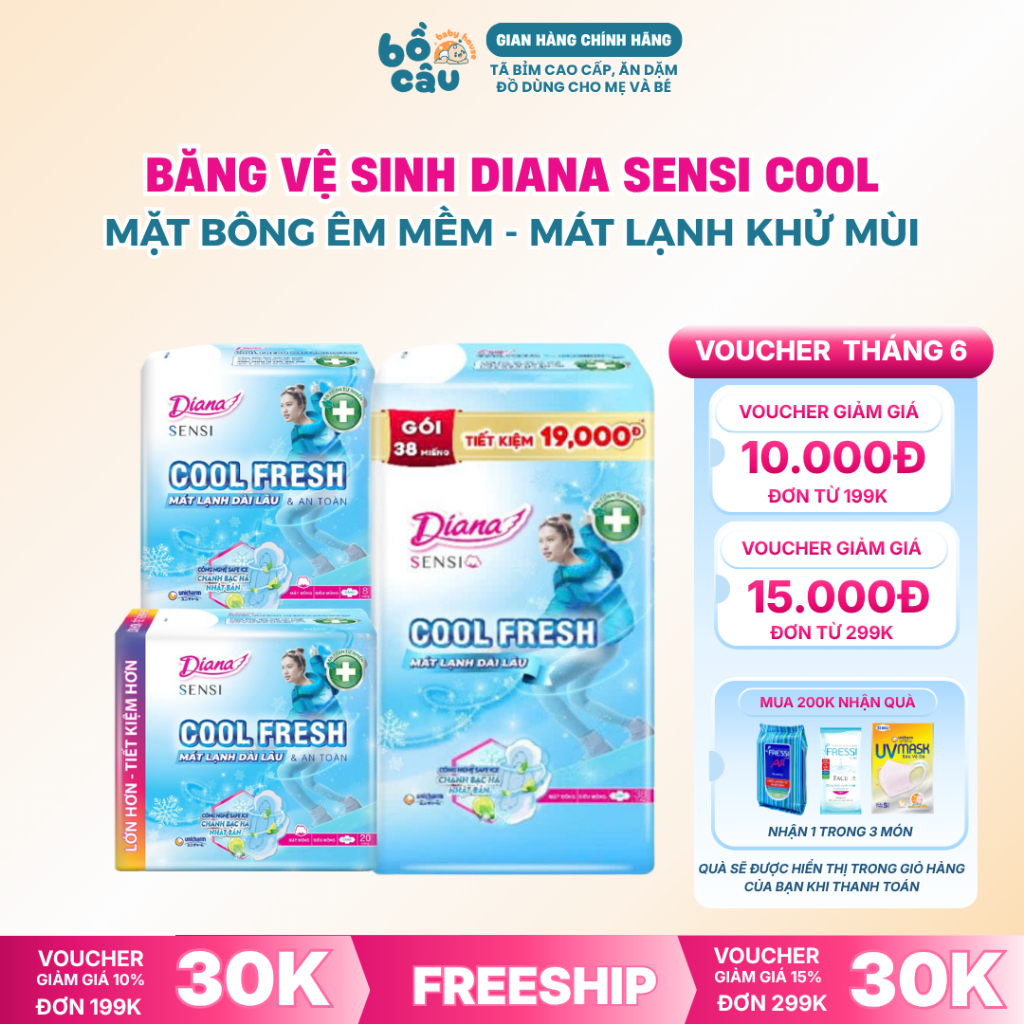 [Mặt Bông] Băng Vệ Sinh Ngày Diana Sensi Cool Fresh Mát Lạnh Bạc Hà Siêu Mỏng Cánh 23cm