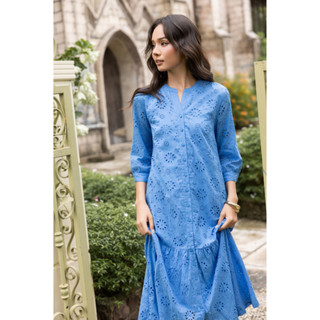 SWANLAKE | Váy Đầm Nữ Maxi Suông Đuôi Cá Cài Nút Cotton Thêu Đục Lỗ Tay Bí Lỡ Du Lịch Biển Hè D12761