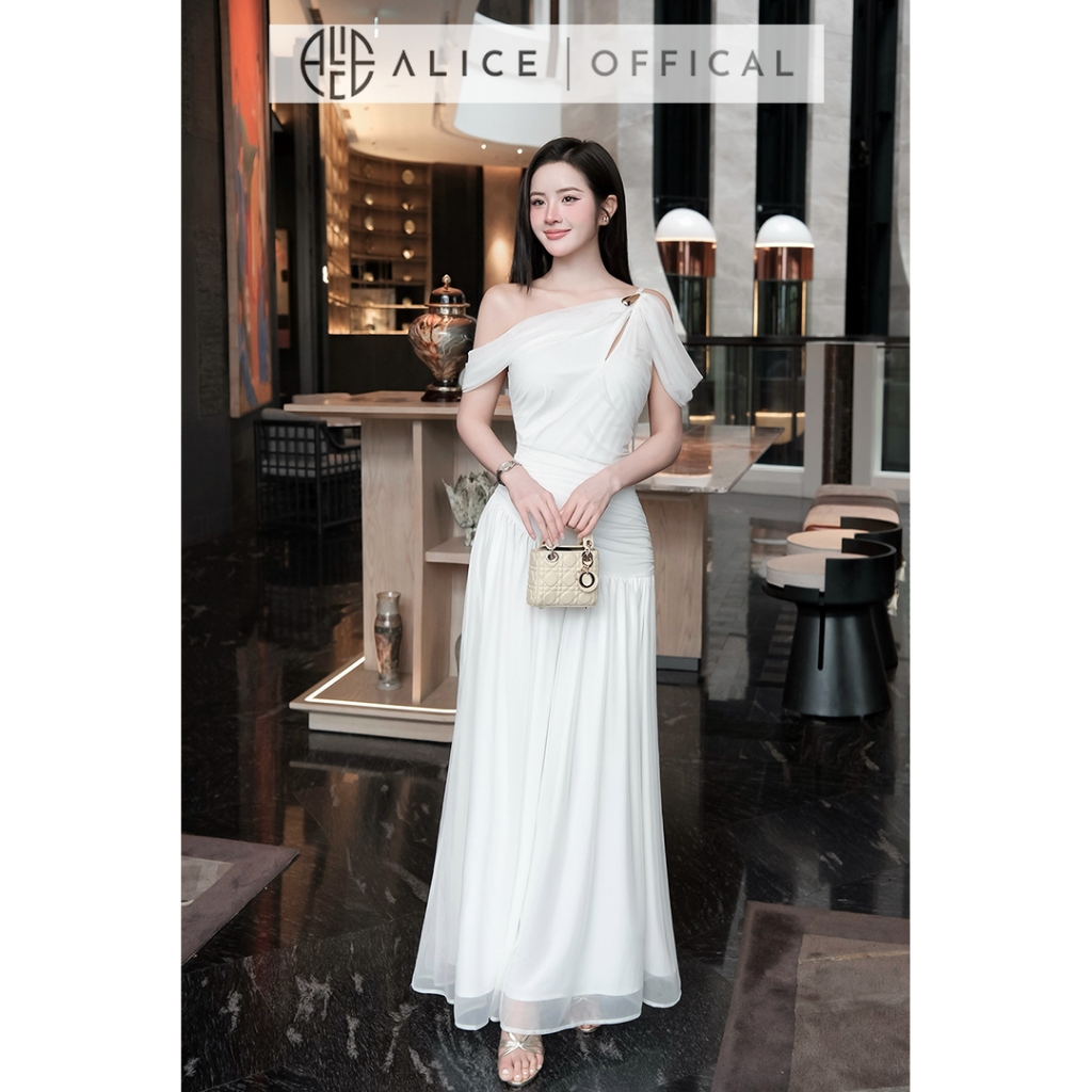 Váy Dự Tiệc Dáng Maxi Cao Cấp Alice, Đầm Dài Chất Lưới Trễ Vai Đính Tag Đá T554
