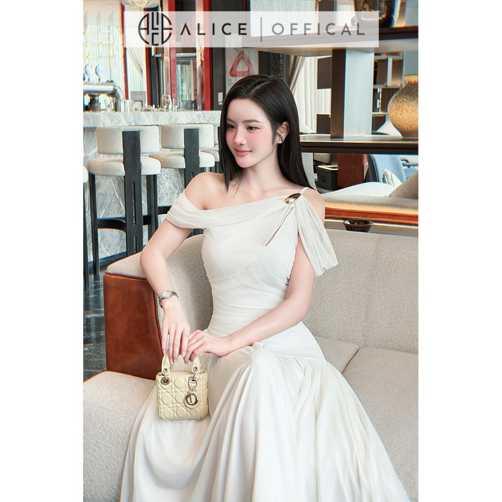 Váy Dự Tiệc Dáng Maxi Cao Cấp Alice, Đầm Dài Chất Lưới Trễ Vai Đính Tag Đá T554