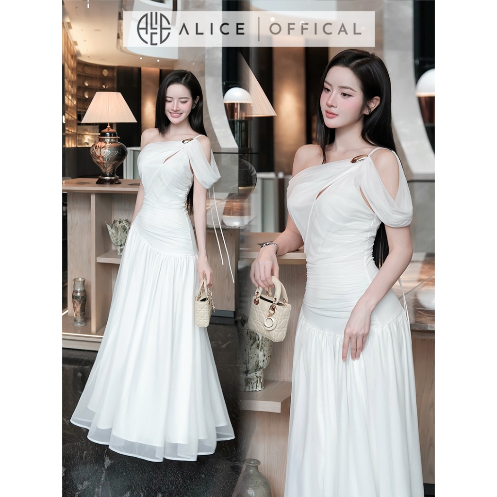 Váy Dự Tiệc Dáng Maxi Cao Cấp Alice, Đầm Dài Chất Lưới Trễ Vai Đính Tag Đá T554