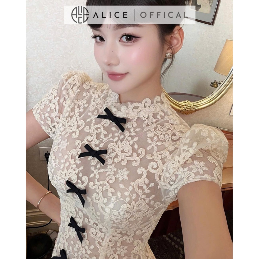 Váy Ren Nữ Tiểu Thư Cao Cấp Alice Phối Nơ Nhung, Đầm Ngắn Chữ A Xòe Nhẹ Chiết Eo Cao Cổ Tròn T555