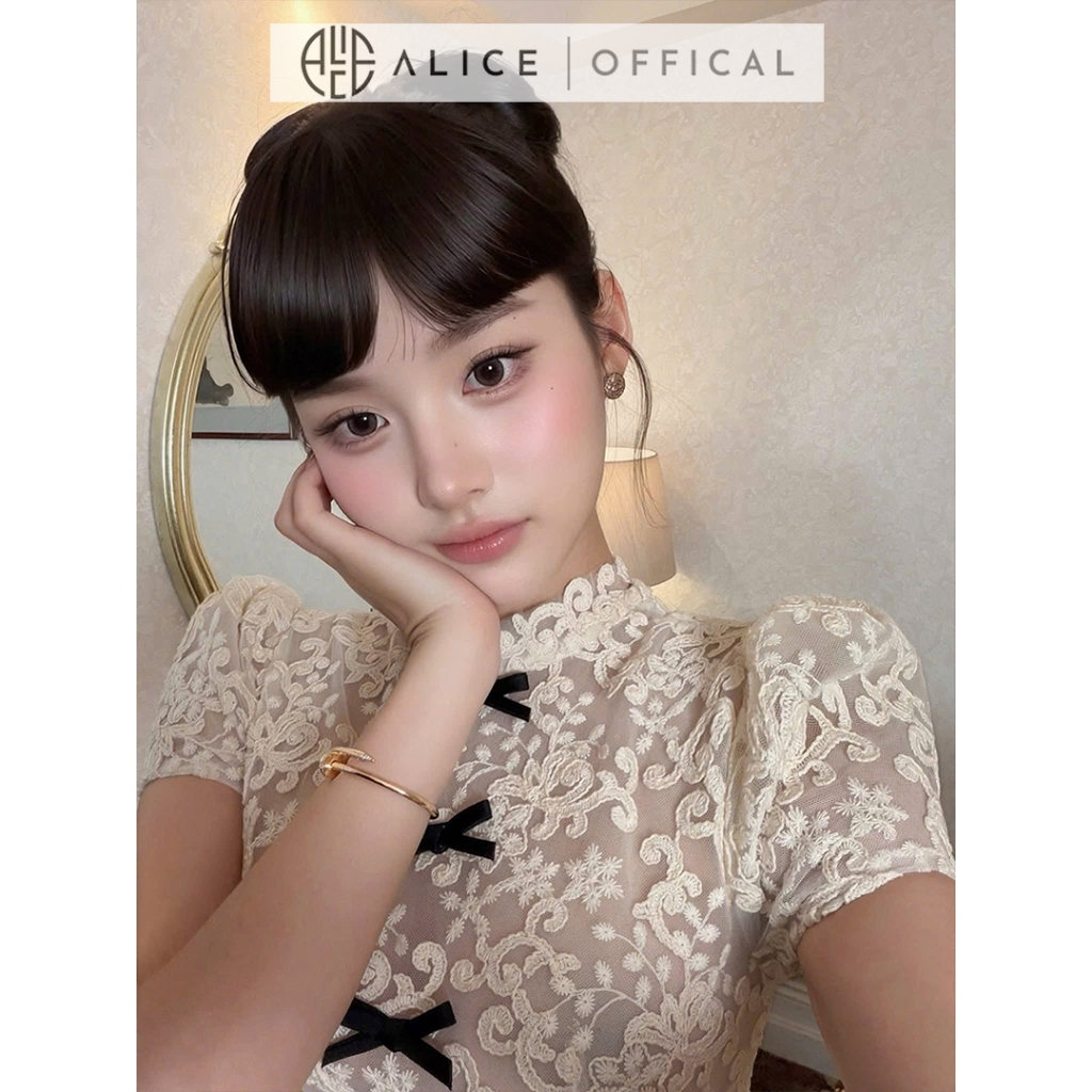 Váy Ren Nữ Tiểu Thư Cao Cấp Alice Phối Nơ Nhung, Đầm Ngắn Chữ A Xòe Nhẹ Chiết Eo Cao Cổ Tròn T555