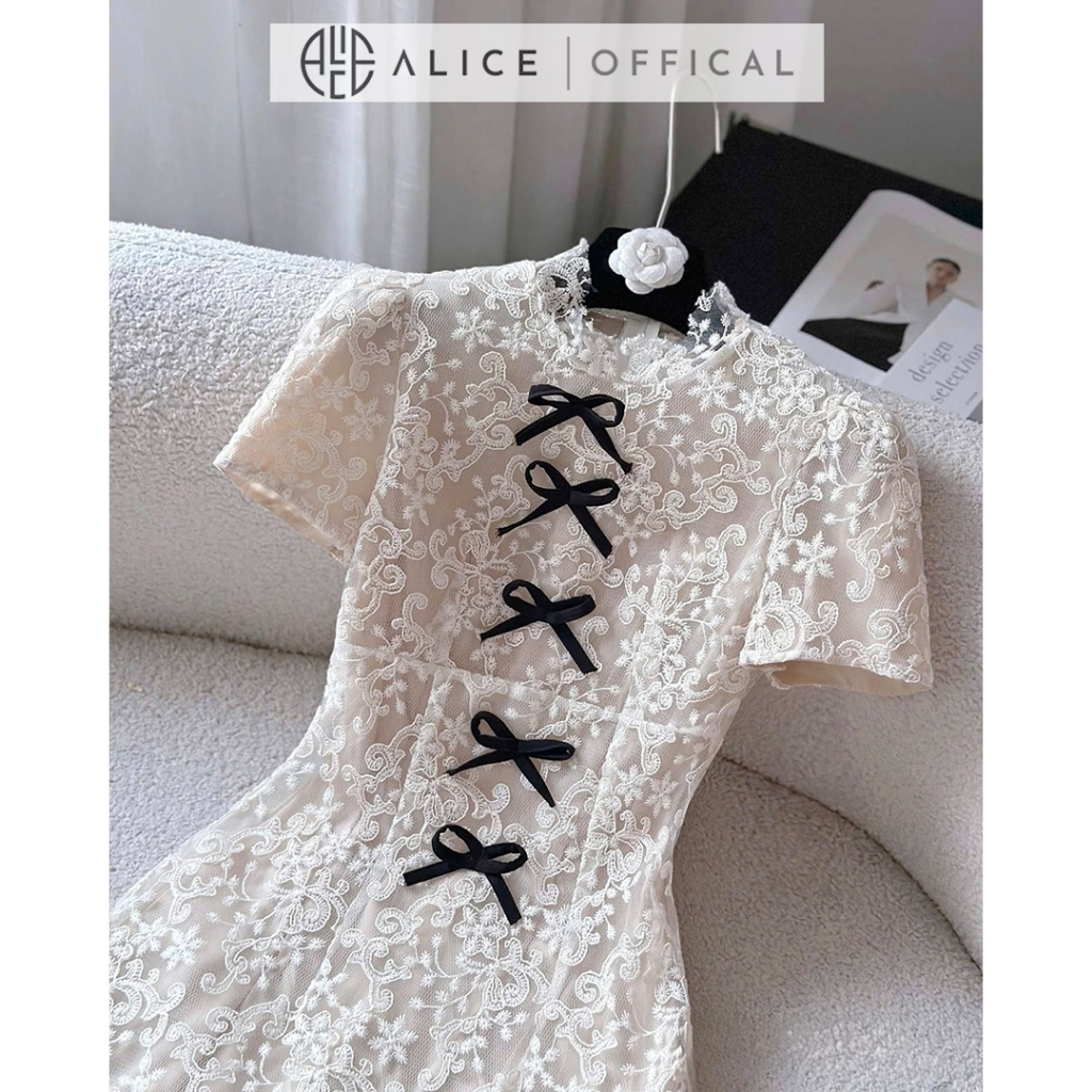 Váy Ren Nữ Tiểu Thư Cao Cấp Alice Phối Nơ Nhung, Đầm Ngắn Chữ A Xòe Nhẹ Chiết Eo Cao Cổ Tròn T555