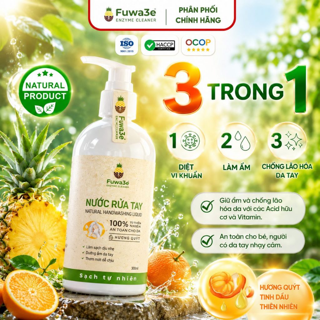 Nước Rửa Tay Hữu Cơ Fuwa3e 300ml Tinh Dầu Quýt Enzyme Sinh Học Làm Sạch Dịu Nhẹ An Toàn Cho Da Nhạy Cảm