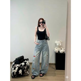 Quần Jeans Nữ Ống Suông Ống Bí - Dài 95cm - 105cm - Lưng cao,Thêu Hoạ Tiết Phong Cách Trẻ Trung