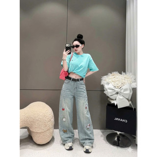 Quần Jeans Nữ Ống Suông Ống Bí - Dài 95cm - 105cm - Lưng cao,Thêu Hoạ Tiết Phong Cách Trẻ Trung