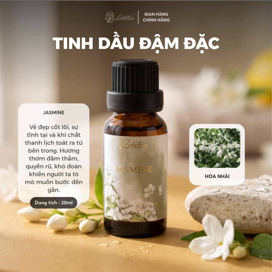 Tinh Dầu Đậm Đặc Nước Hoa Letitia - Hương Nước Hoa Jasmine (Hoa Nhài) Giúp Thư Giãn & Dễ Ngủ, Size 20ml