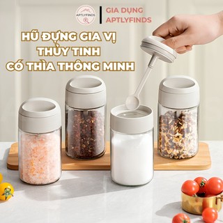 Hũ Đựng Gia Vị Thủy Tinh Kèm Thìa Nhà Bếp APTLYFINDS Chống Ẩm, Muỗng Liền Nắp, 250ml