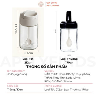 Hũ Đựng Gia Vị Thủy Tinh Kèm Thìa Nhà Bếp APTLYFINDS Chống Ẩm, Muỗng Liền Nắp, 250ml