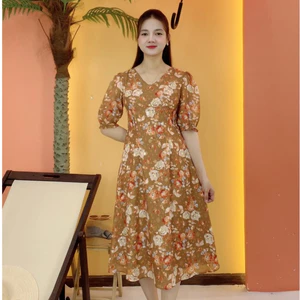Đầm suông xòe trung niên cho mẹ - Cổ tim tay lỡ - Nâu hoa cam - TTV2082