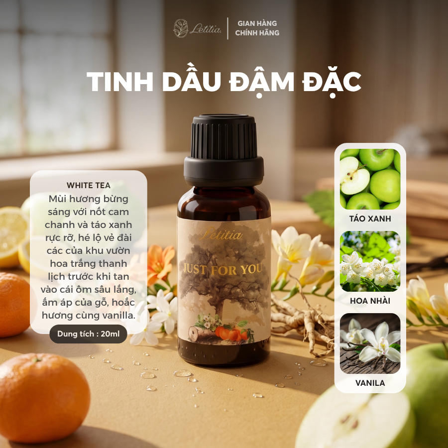 Tinh Dầu Đậm Đặc Nước Hoa Letitia - Hương Nước Hoa Just For You Giúp Thư Giãn & Dễ Ngủ, Size 20ml