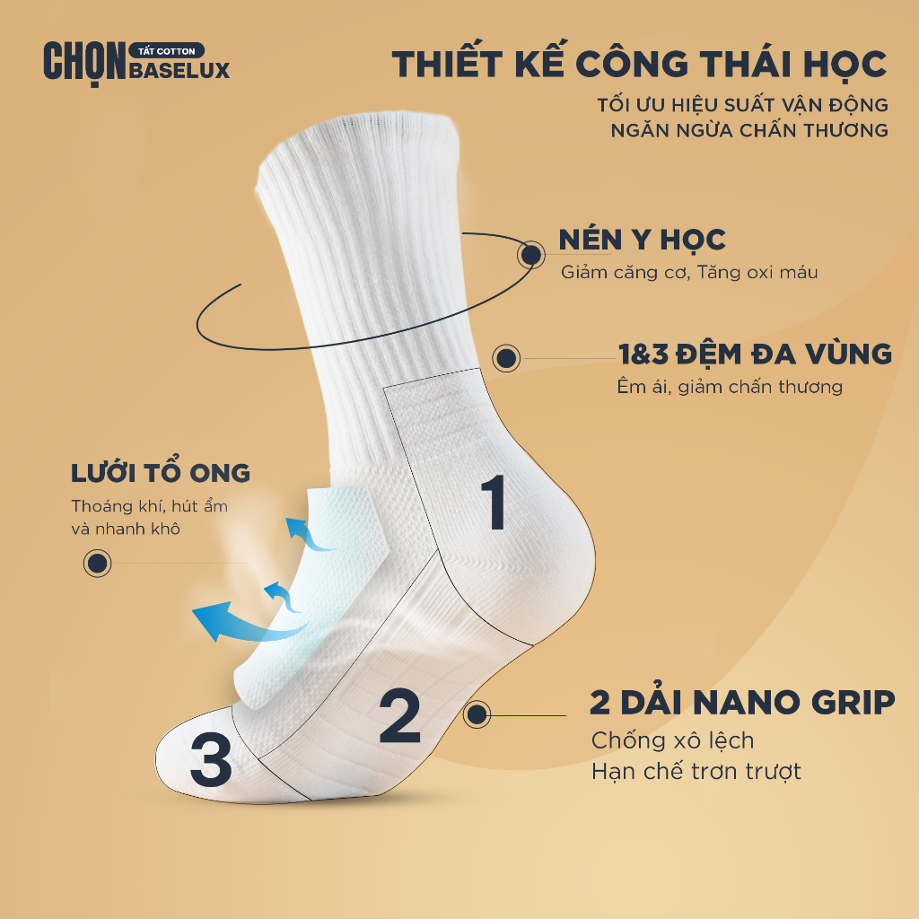Tất thể thao BaseLux Active tất đá bóng siêu thoáng khí, tất pickleball kháng khuẩn tự nhiên, tất cầu lông khử mùi hiệu