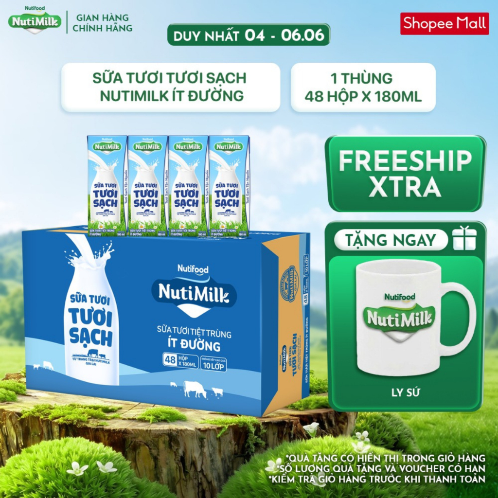 Thùng 48 Hộp Sữa Tươi Tươi Sạch NutiMilk 180ml