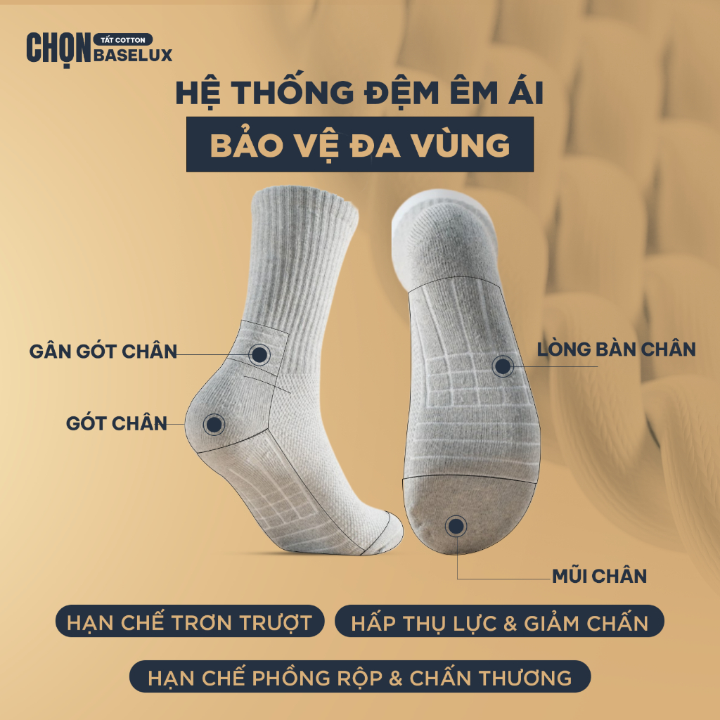 Tất thể thao BaseLux Active tất đá bóng siêu thoáng khí, tất pickleball kháng khuẩn tự nhiên, tất cầu lông khử mùi hiệu
