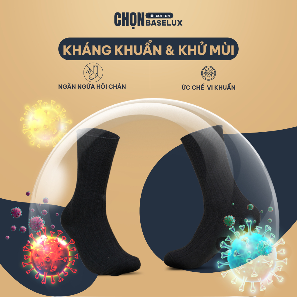 Tất  đen dài BaseLux tất công sở siêu thoáng khí, giữ chân khô ráo, Tất nam đi giày tây kháng khuẩn khử mùi hiệu quả
