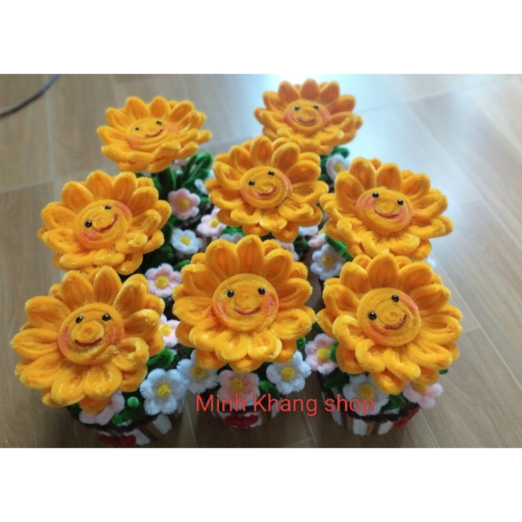 Chậu hoa để bàn mini, chậu hoa hướng dương mặt cười kẽm nhung, hoa hướng dương handmade, chậu hoa để bàn, chậu hoa mini