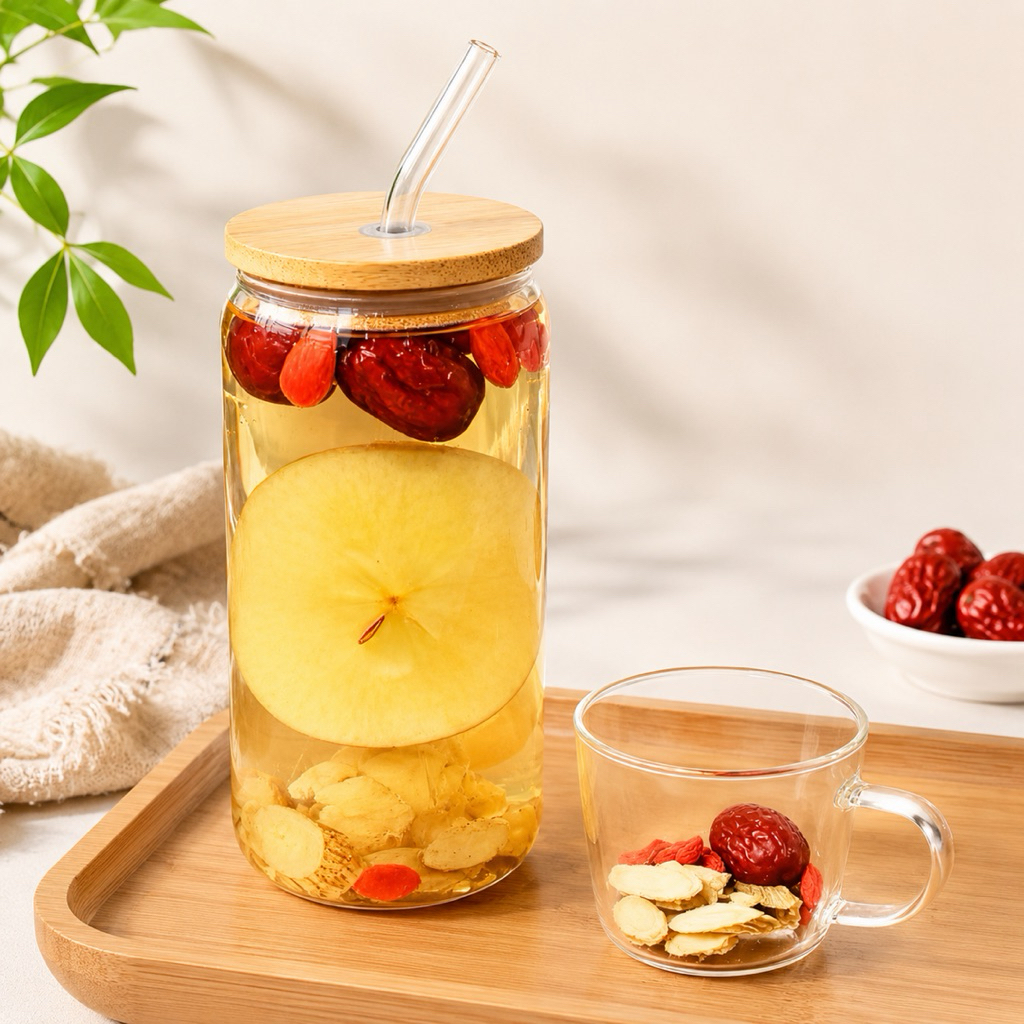 Ly Thủy Tinh 500ml Có Nắp Gỗ Và Ống Hút – Cốc Uống Nước, Trà Sữa, Cà Phê Đá Cao Cấp