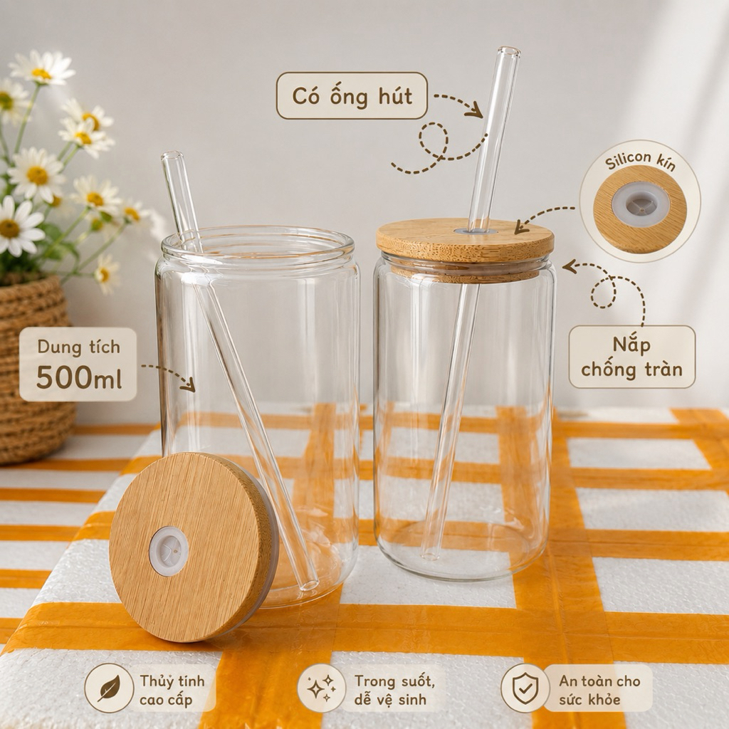 Ly Thủy Tinh 500ml Có Nắp Gỗ Và Ống Hút – Cốc Uống Nước, Trà Sữa, Cà Phê Đá Cao Cấp