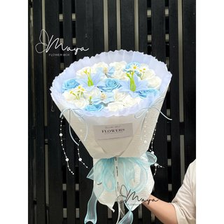 Bó hoa sáp thơm tone trắng mix xanh xinh xắn, làm quà tặng sinh nhật, valentine, 8/3,20/10,20/11, tốt nghiệp