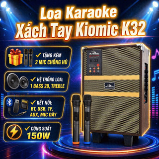 Loa Karaoke Xách Tay Kiomic K32, Bass 20Cm Kèm 2 Mic Chống Hú, Echo, Delay.