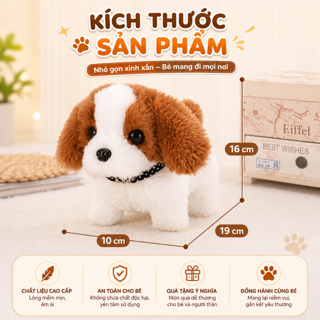 Chó bông biết đi biết sủa vẫy đuôi kêu gâu gâu, cún bông đồ chơi cho bé tặng kèm pin