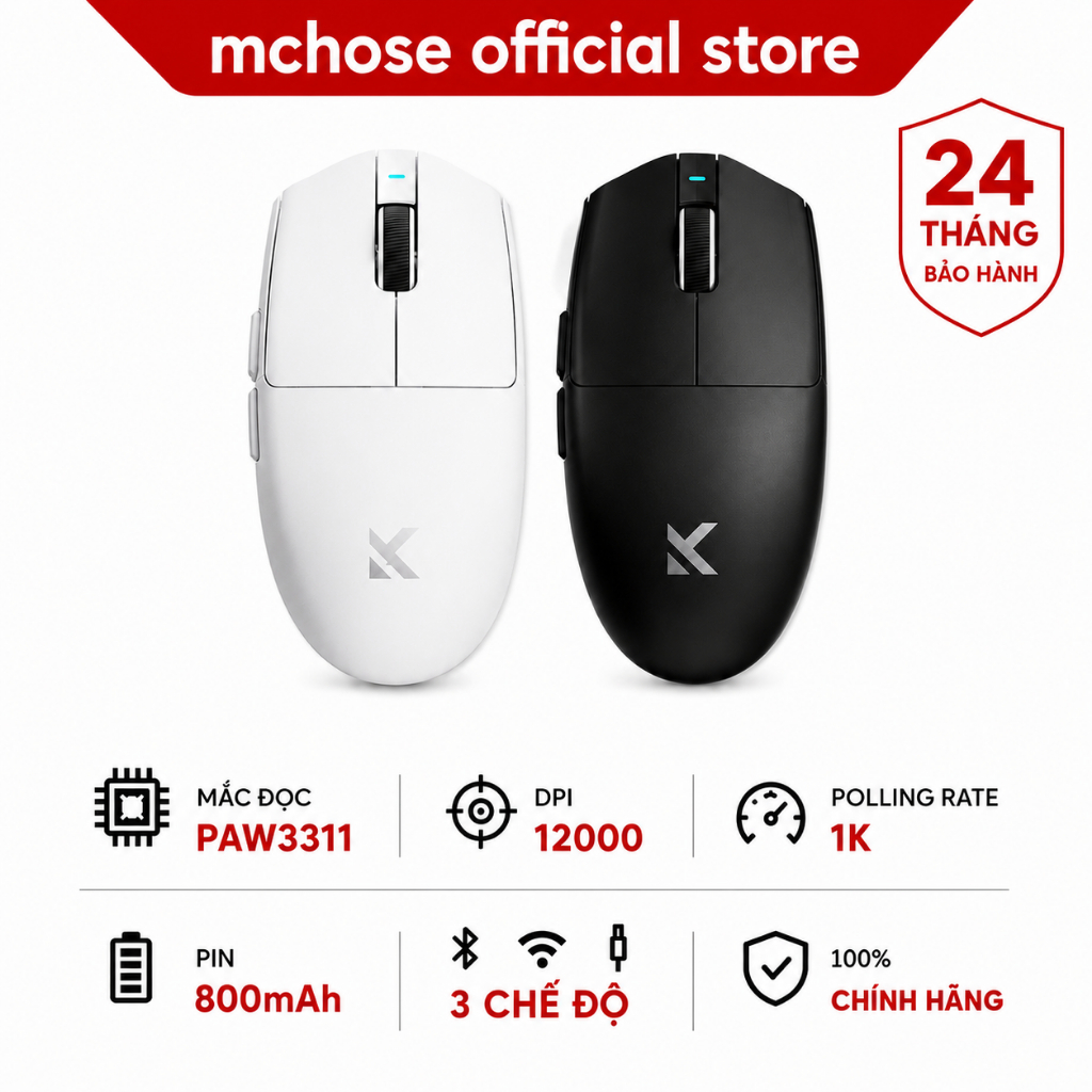 MCHOSE G3 V2 Chuột Không Dây Gaming Bluetooth 3 Chế Độ PAW3311 12000DPI 59G Pin 800mAh Cho Laptop PC Game | BigBuy360 - bigbuy360.vn