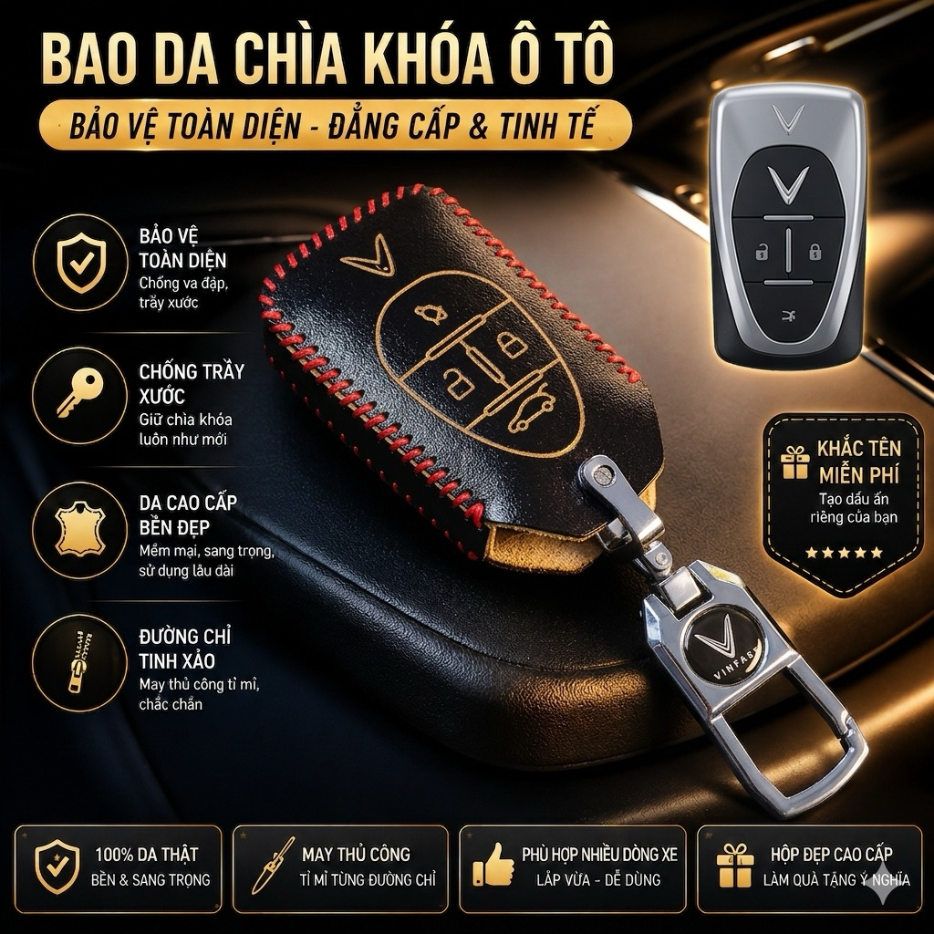Bao da chìa khoá xe Vinfast VFe34/VF8, VF6, VF9 ,Da bò thật ,Khâu thủ công