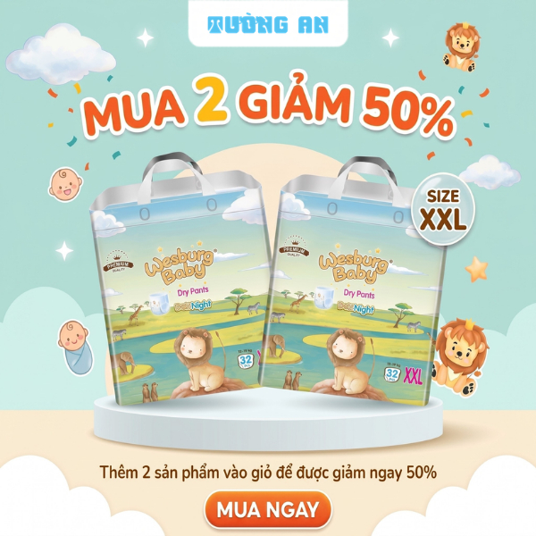 [MUA 2 GIẢM 50%] Tã Quần Trẻ Em WESBURG BABY Siêu Thấm Hút Thoáng Khí 360° Mềm Mại Ôm Khít Size XXL x32 miếng (15-19kg)