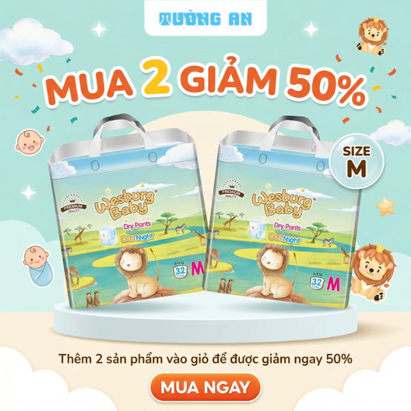 [MUA 2 GIẢM 50%] Tã Quần Trẻ Em WESBURG BABY Siêu Thấm Hút Thoáng Khí 360° Mềm Mại Ôm Khít Size M x32 miếng (6-9kg)