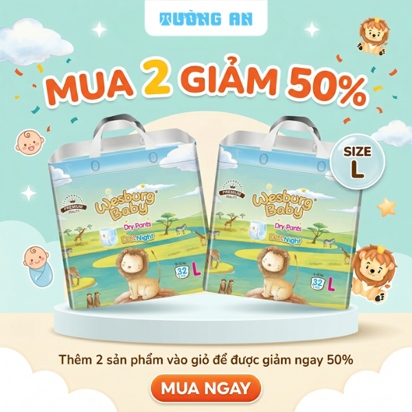 Tã Quần Trẻ Em WESBURG BABY Siêu Thấm Hút Thoáng Khí 360° Mềm Mại Ôm Khít Size L x32 miếng (9-12kg)