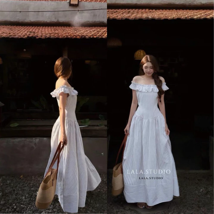 Luna dress•LALASTUDIO• Váy trễ vai maxi siết eo cao cấp, váy maxi kẻ đi biển, váy 2 dây bèo maxi tiểu thư thanh lịch