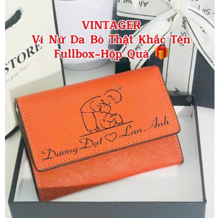 Ví Nữ MiNi Nắp Gấp Khắc Tên Phù Hợp Làm Qùa Tặng Chất Liệu Da Bò Thật VINTAGER BH 12 Tháng