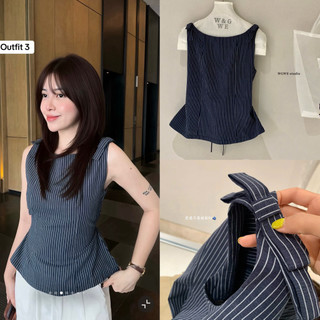 𝐏𝐡𝐢𝐞𝐧 𝐖𝐆𝐖𝐄 | (Sẵn) w9272 Áo Sát Nách Nơ Vai Kẻ Caro Nhỏ Xanh Dương Navy