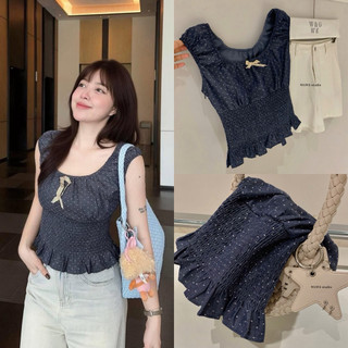 𝐏𝐡𝐢𝐞𝐧 𝐖𝐆𝐖𝐄 | (Sẵn) w9734 Áo Kiểu Viền Chun Co Dãn Cổ Vuông trễ Vai Chấm Bi