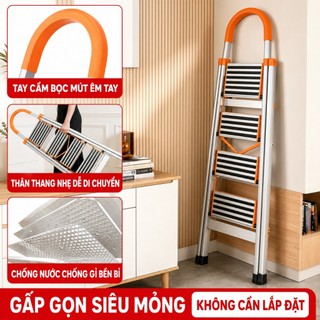 Thang Gấp Gọn Inox  Khung Thang Chữ A Nhập Khẩu 3 4 5 6 7 Bậc Thang Ghế Đa Năng Cho Gia Đình Tải Trọng 300Kg