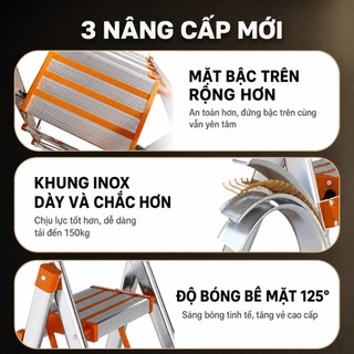Thang Gấp Gọn Inox  Khung Thang Chữ A Nhập Khẩu 3 4 5 6 7 Bậc Thang Ghế Đa Năng Cho Gia Đình Tải Trọng 300Kg