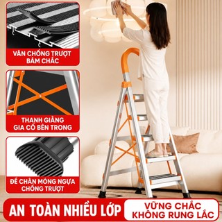 Thang Gấp Gọn Inox  Khung Thang Chữ A Nhập Khẩu 3 4 5 6 7 Bậc Thang Ghế Đa Năng Cho Gia Đình Tải Trọng 300Kg