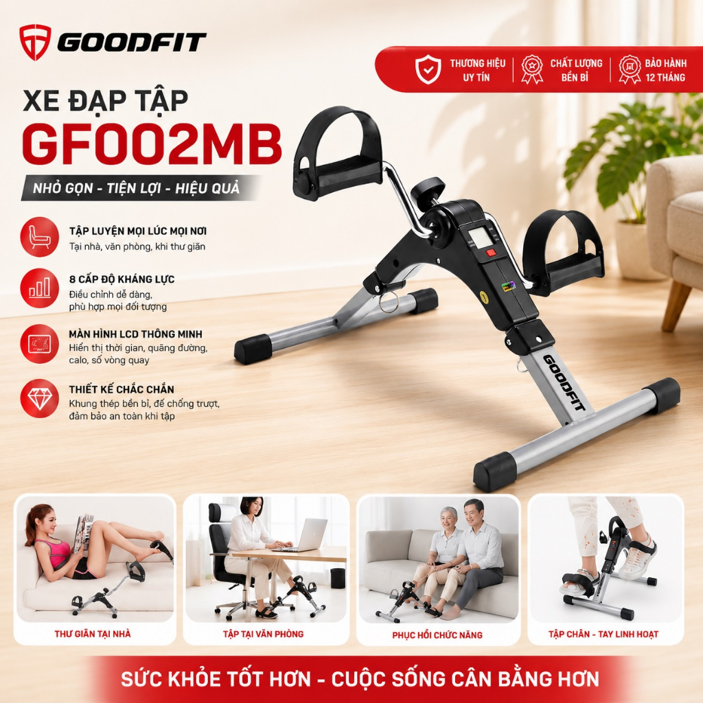 Xe đạp thể thao gấp gọn mini GoodFit tùy chỉnh độ nặng, tập luyện thể dục tại nhà GF002MB