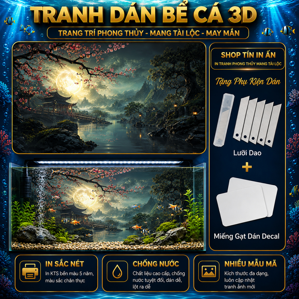 Decal tranh dán hồ cá 3D Kho In Ấn HC17 chống nước, In KTS dán dễ, gỡ dễ, có keo sẵn, nhiều kích cỡ