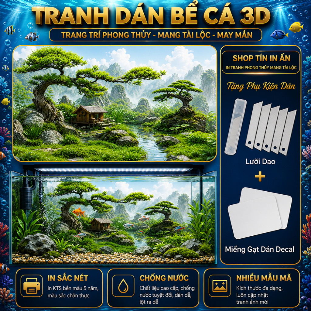 Tranh Dán Bể Cá 3D Tiểu Cảnh Bonsai Nhà Gỗ, Phông Nền Hồ Cá Phong Cảnh Thiên Nhiên Chống Nước HC021