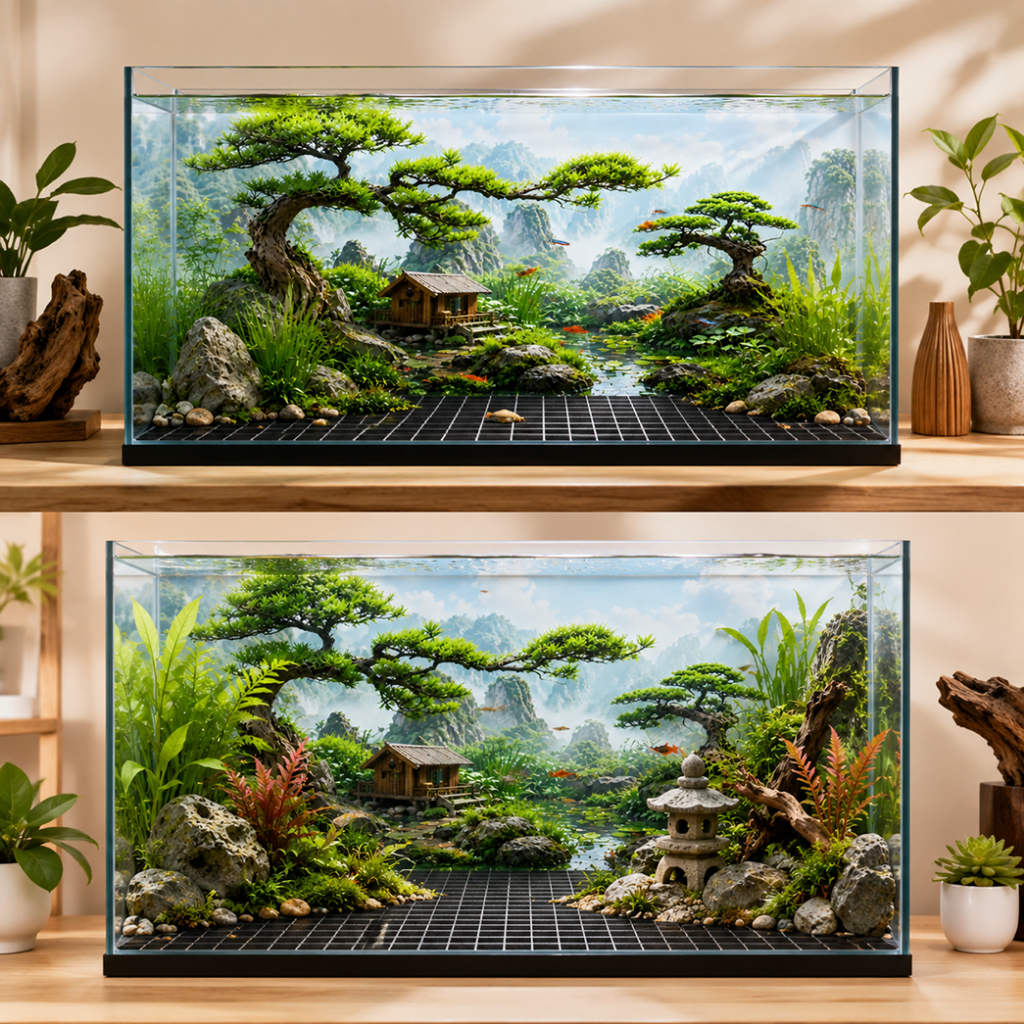 Tranh Dán Bể Cá 3D Tiểu Cảnh Bonsai Nhà Gỗ, Phông Nền Hồ Cá Phong Cảnh Thiên Nhiên Chống Nước HC021