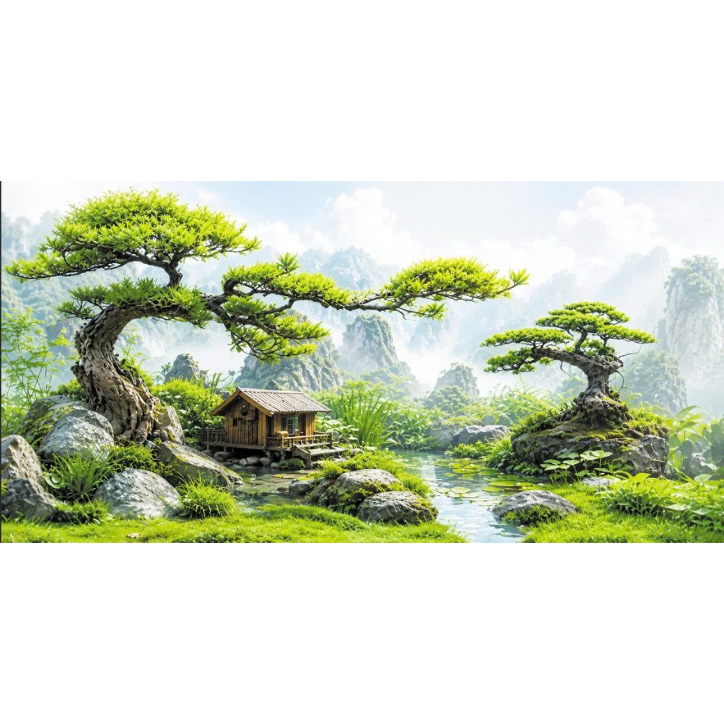 Tranh Dán Bể Cá 3D Tiểu Cảnh Bonsai Nhà Gỗ, Phông Nền Hồ Cá Phong Cảnh Thiên Nhiên Chống Nước HC021