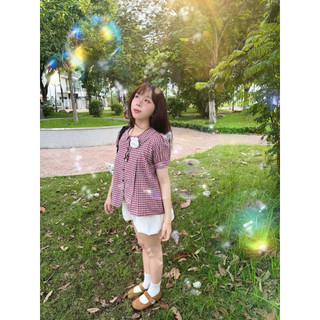 [QUINS]~(TẶNG GHIM GẤU) ÁO BABYDOLL CHERRY CARO TAY BỒNG BÂU SEN DỄ THƯƠNG