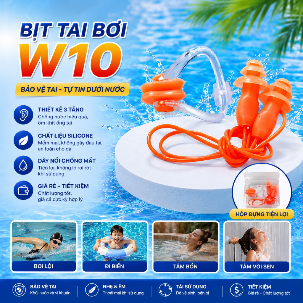 Nút bịt tai bơi SFIT W10 giá rẻ có dây, bịt tai bơi SFIT W15 kèm bịt mũi có dây, bịt tai bơi View cao cấp giá rẻ