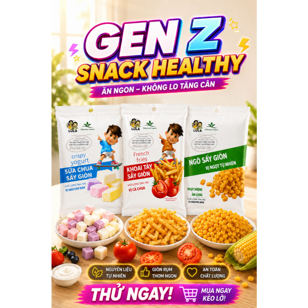 COMBO GEN Z WAKAMONO ORGANIC: Khoai tây sấy giòn vị cà chua 40gam + Ngô sấy giòn 40gam + Sữa chua sấy giòn 40gam
