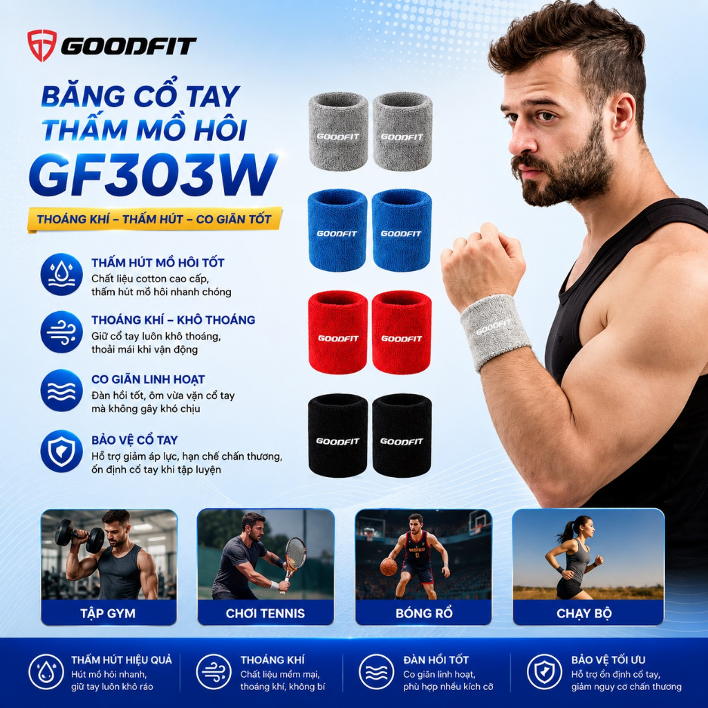 Băng cổ tay thấm mồ hôi GoodFit GF303W chất liệu cotton mềm mại an toàn cho da